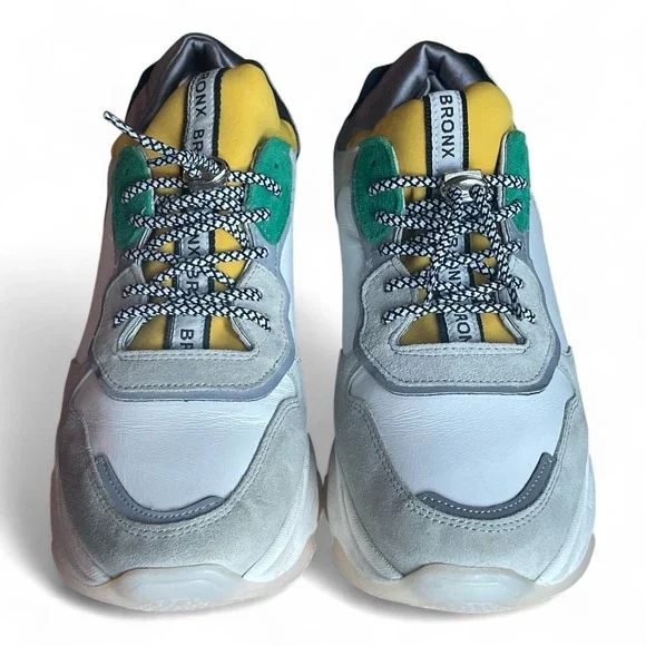 Bronx Baisley Low Top Sneakers White, Yellow , Silver Leather Women EU 40/ US 9 - Picture 3 of 8